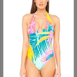 Green Tropical Leaf Plunge One-Piece - Trina Turk